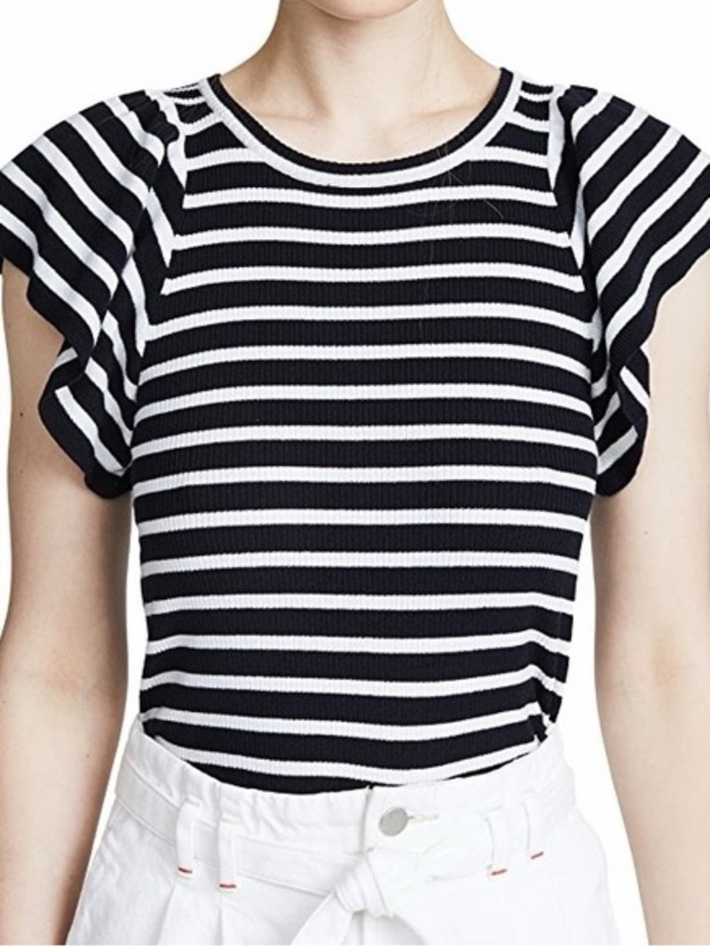 A.L.C. Black and White Striped Flutter Sleeve Tee